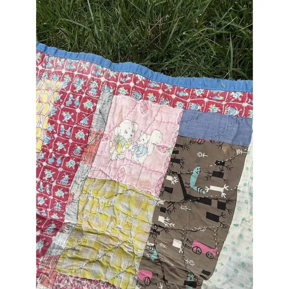 Antique Vtg 1920’s CRAZY QUILT Multi-Color Feed Sack Cowboys 78” **Needs Repair